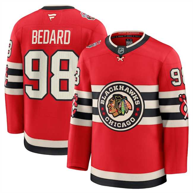 Mens Chicago Blackhawks #98 Connor Bedard Red 2024-25 Winter Classic Stitched Hockey Jersey Dzhi